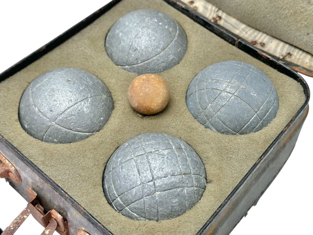Relaxdays Lot 4 Boules Pétanque Métal - Cochonnet + Mètre + Sacoche - Jeu Extérieur Argenté/Noir