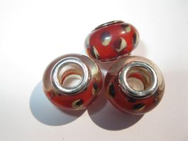 4 Glasperlen, Beads, Grosslochperlen rot, getupft
