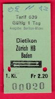 KARTON BILLETT, DIETIKON - BADEN, 1.KLASSE, RETOUR