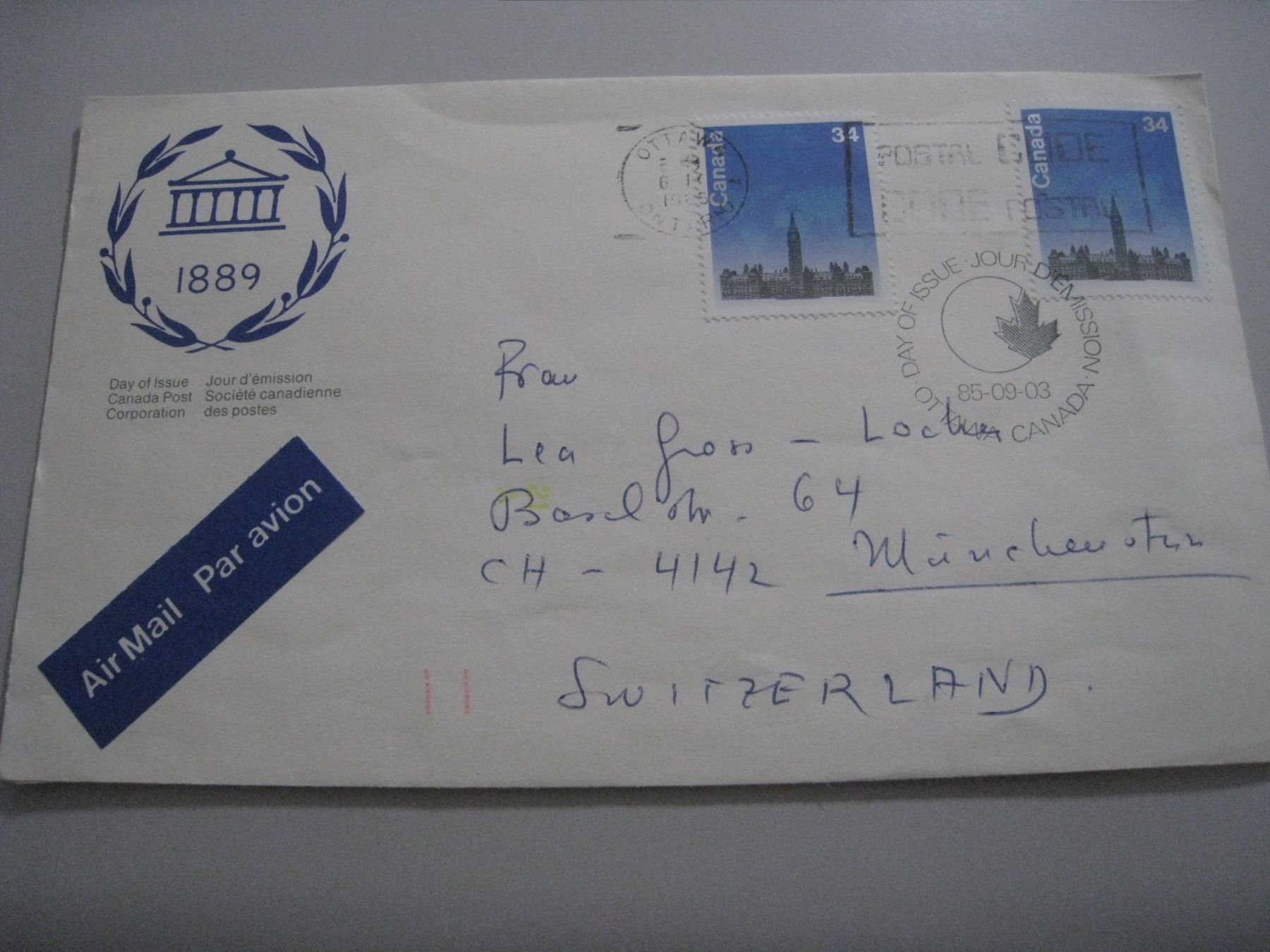 Tutti i francobolli: Ottawa- Münchenstein  1985 Flugbrief – Usato da Aarwangen venduto da Pinsel7890