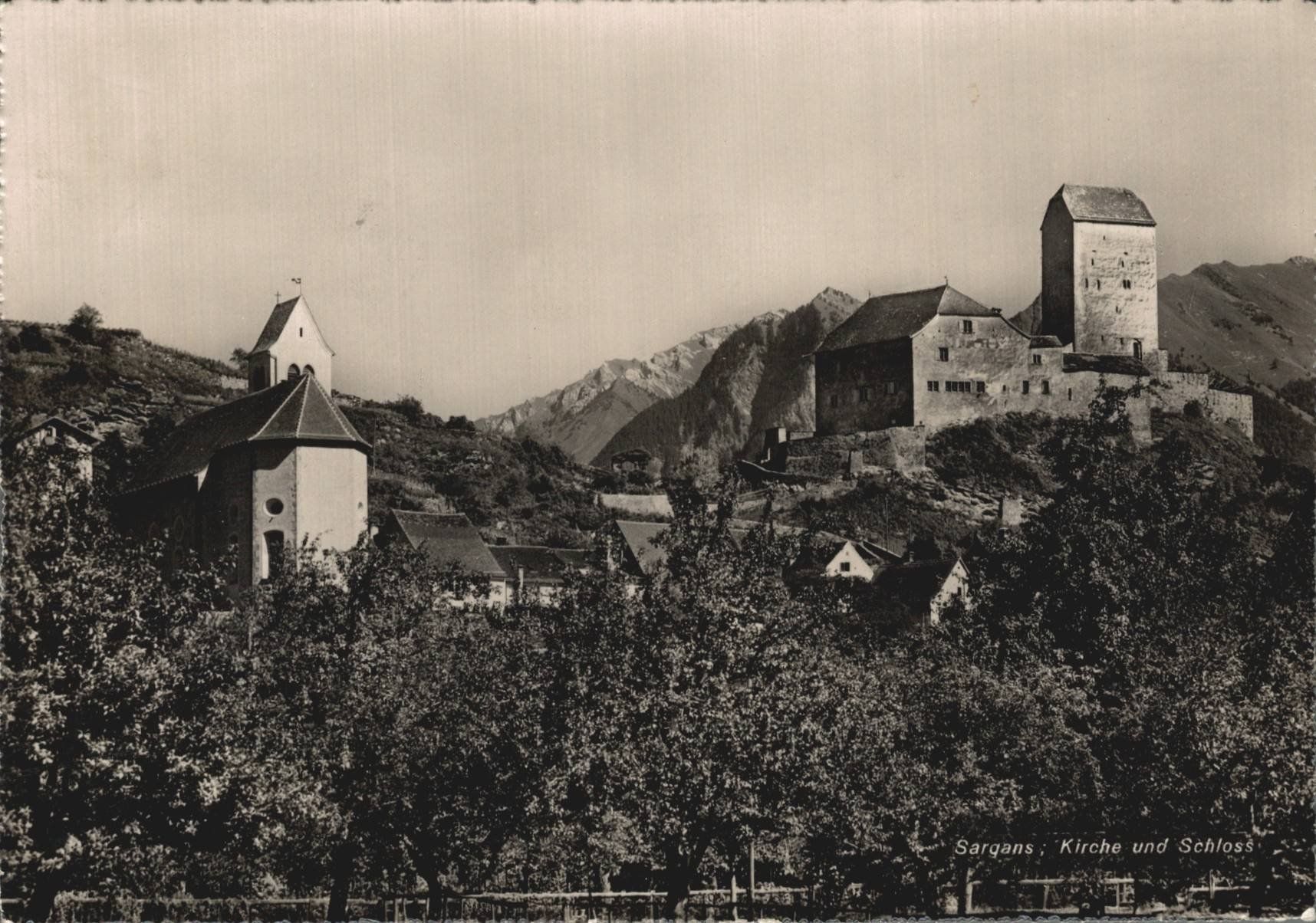 Cartoline postali: Sargans Kirche + Schloss, Ansichtskarte, gel. 1957 – Usato da Luzern venduto da Kartenansicht