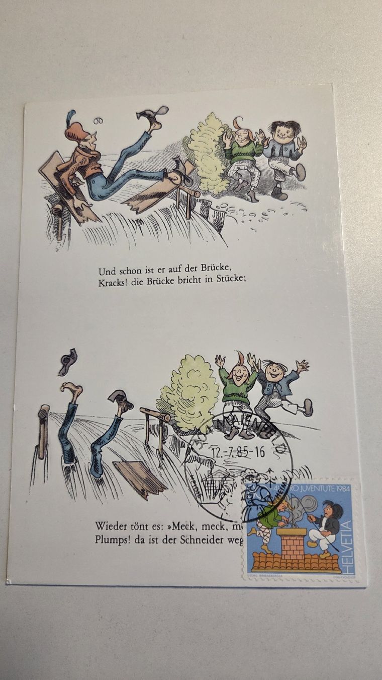 Alle Briefmarken: 1985 Maximumkarte Pro Juventute Max und Moritz – Gebraucht aus Arni AG von Moth68