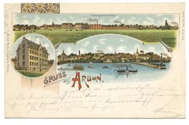 Gruss aus Arbon (TG) Saurer Fabrik - Schulhaus - Litho 1901