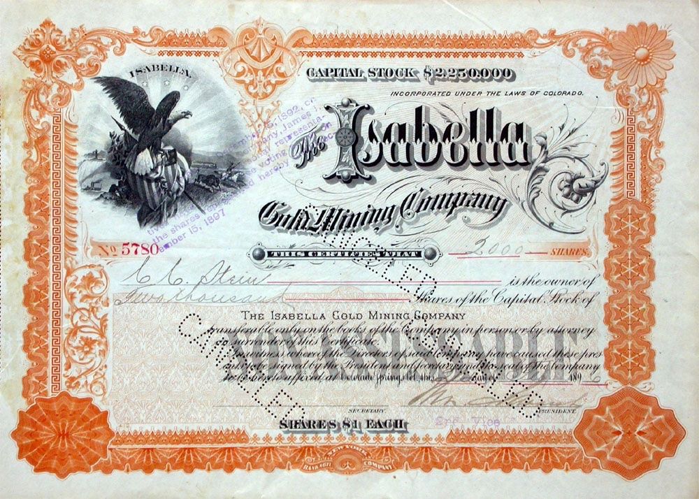Documenti: Isabella Gold Mining Company - 1895 – Usato da Solothurn venduto da Sgasche