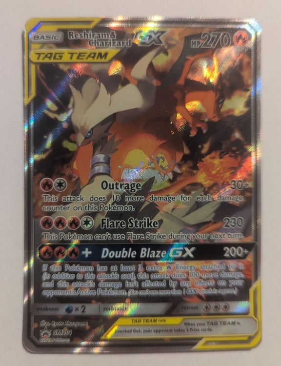FULL ART Reshiram & Charizard GX SM201 Pokemon TCG Promo – LP – Black Star Promo – Fire Type