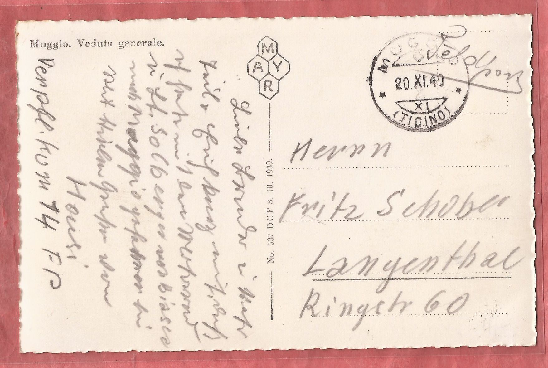 Cartoline postali: Muggio - Fotokarte 1940 – Usato da Fislisbach venduto da Porano 1