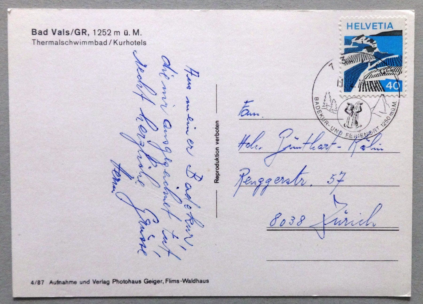 Cartoline postali: Bad Vals, 1252 m ü.M. – Usato da Fétigny venduto da Billy2miny 1