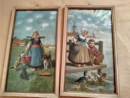2 x antike Drucke, Holland Kinder Motive, gerahmt.