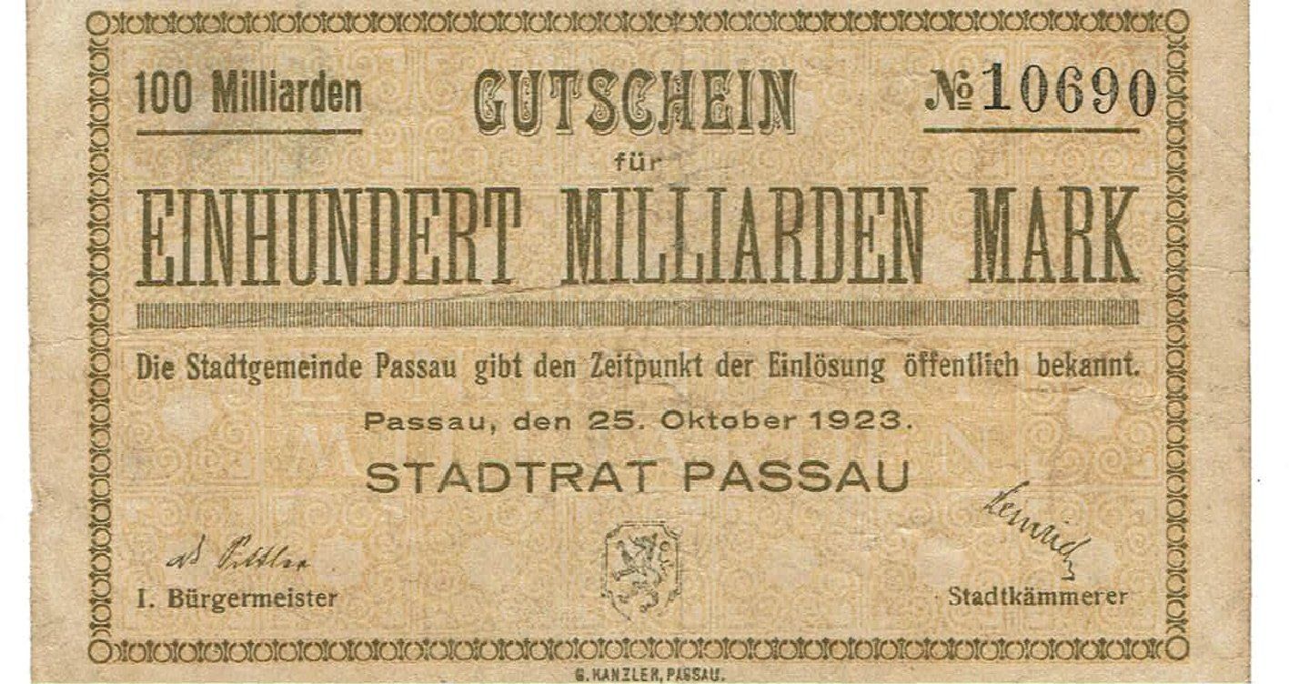Billets de banque: Passau 100 Mrd.Mark 25.10.1923 SS+-SS++ – D'occasion à Steffisburg par ber_8htf