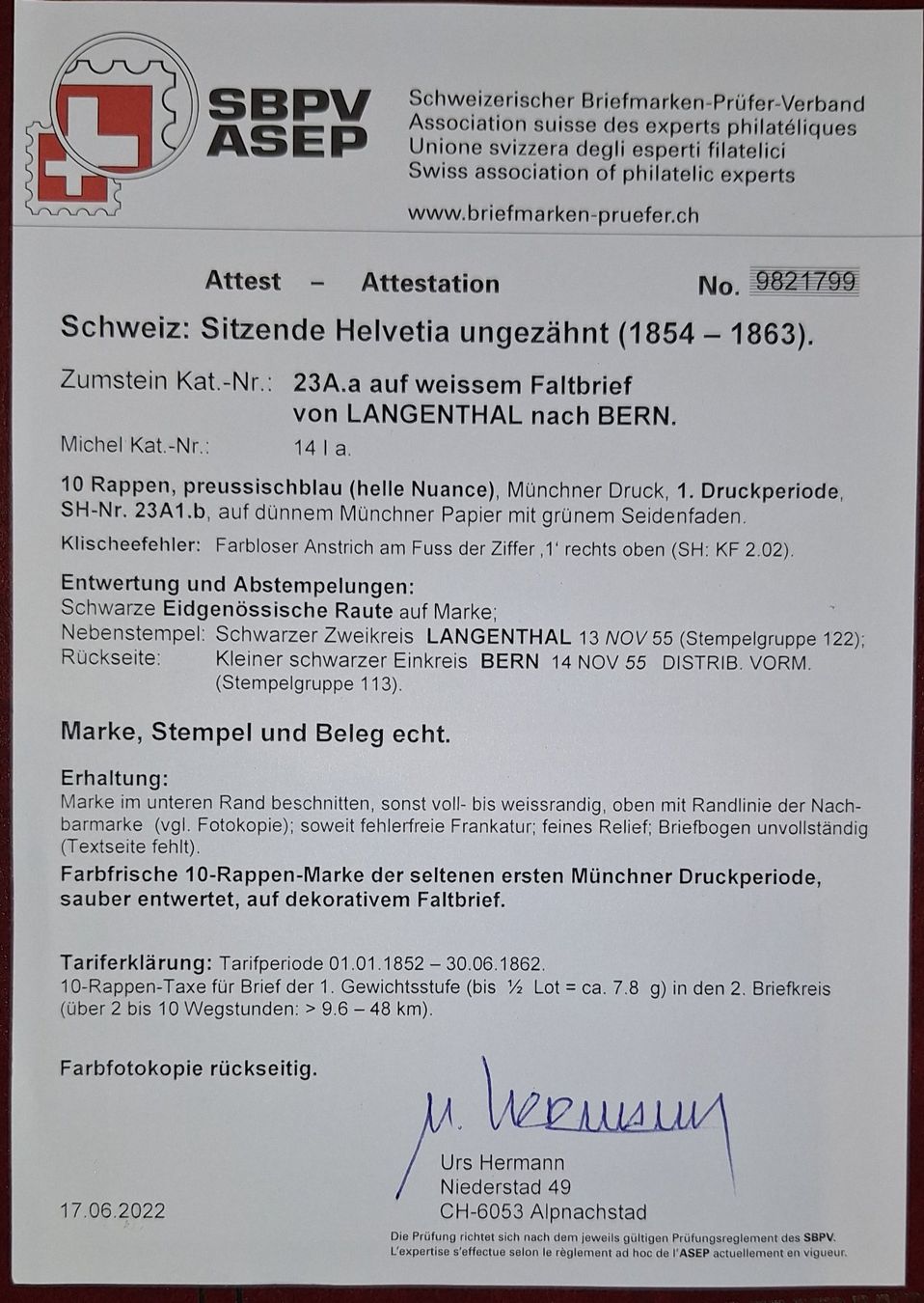 Tutti i francobolli: Strubelbrief 23A1.b Kat.2500.- mit Attest Langenthal - Bern – Usato da Balgach venduto da SIMEON27 3
