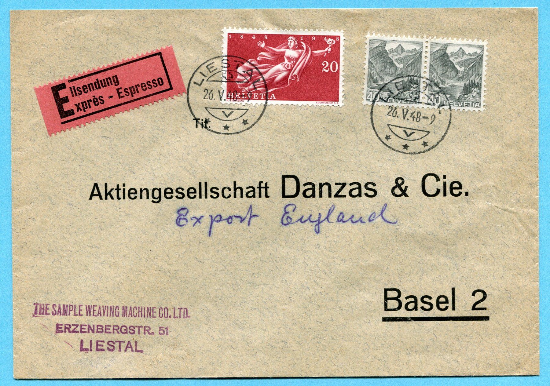 Tutti i francobolli: Brief Liestal 1948 - Abs: The Sample Weaving Machine Co. Ltd – Usato da Opfikon venduto da Prophila