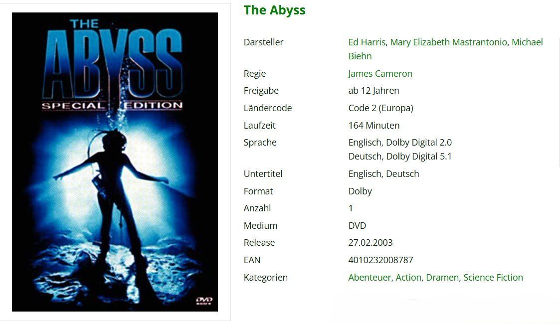 Tutti i DVDs: The Abyss -DVD – Usato da Dietikon venduto da Ruempfli 1
