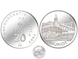 20 FRANKEN 2007 Munot Schaffhausen POLIERTE PLATTE SILBER !!