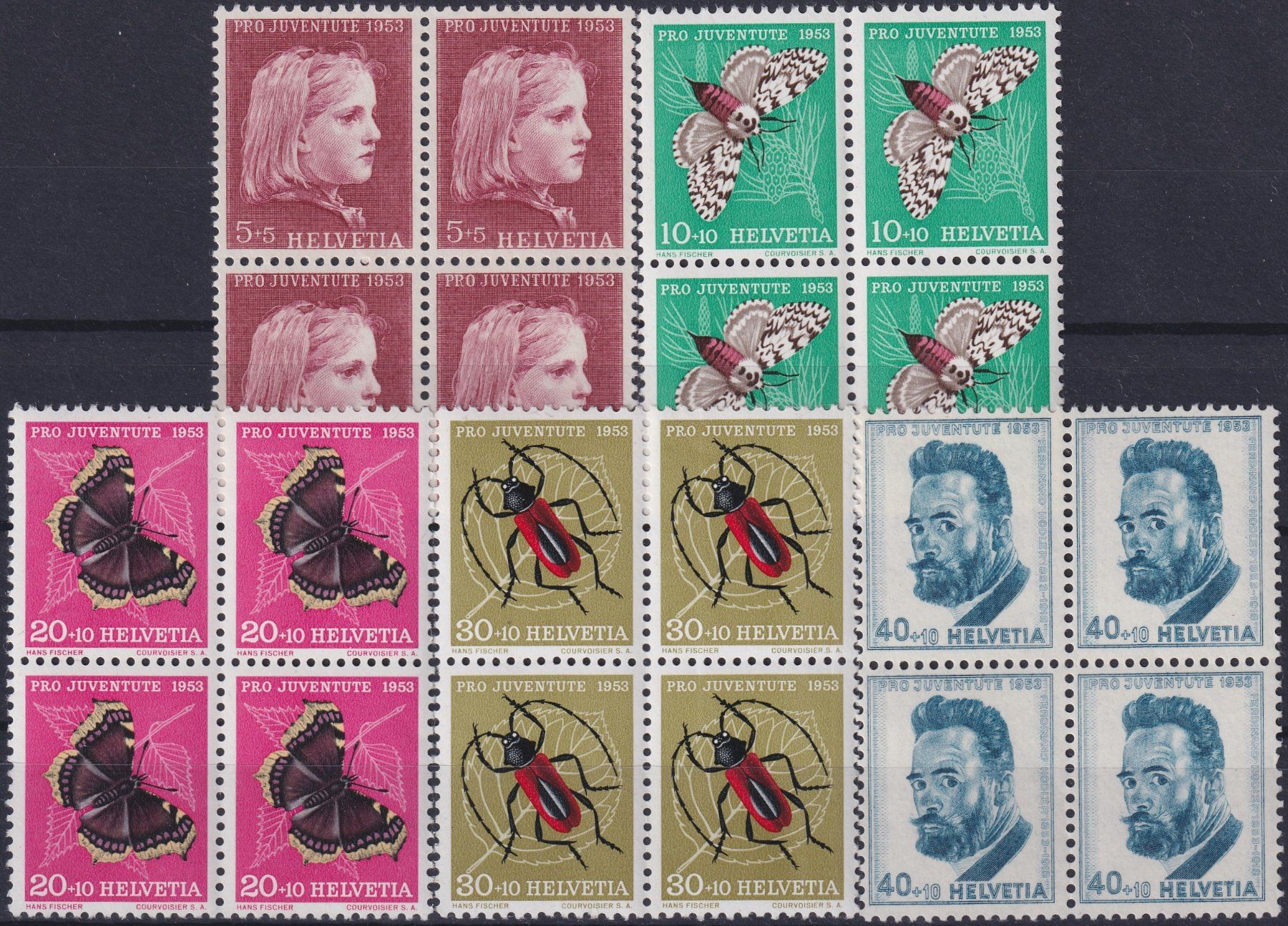 Alle Briefmarken: 1953, J148-152 im Viererblock ** postfrisch, Kat: 60.-+ – Gebraucht aus Sursee von Luzernerraute