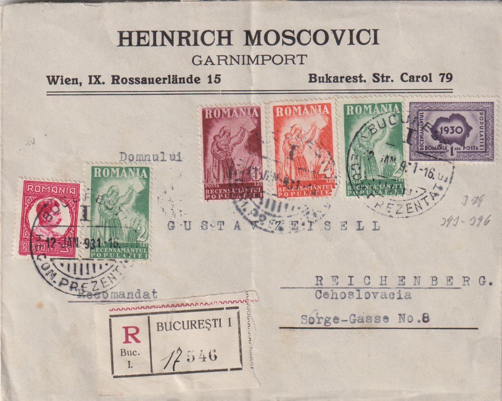 Tutti i francobolli: R-Brief Rumänien 1931 nach Tschechoslowakei – Usato da Eschlikon TG venduto da PhilCon