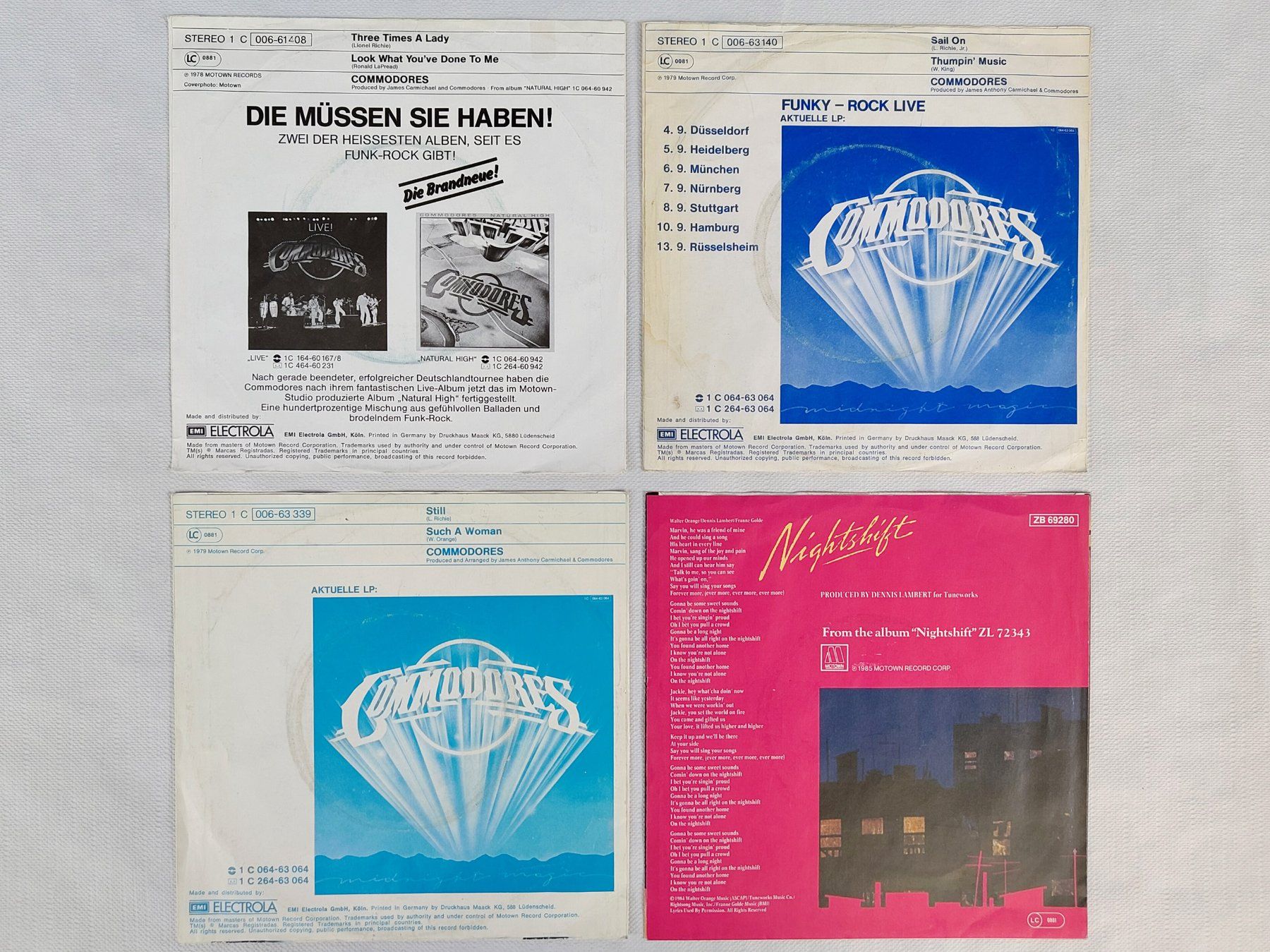 Schallplatten: 4x 7" Single Commodores: Nightshift, Sail On, Still, Three – Gebraucht aus Hindelbank von iCardologe 1