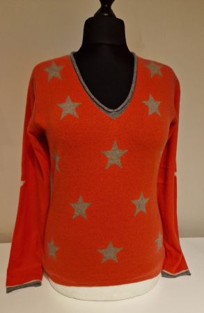 Damen Pullover, FTC Cashmere, Orange mit Sternen, Top!