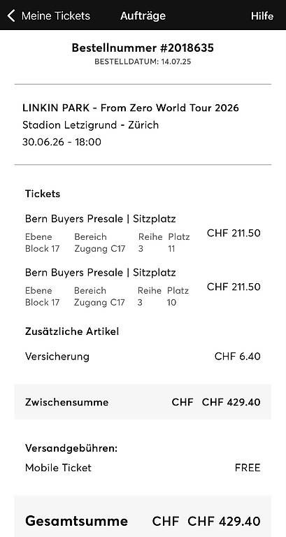 Biglietti: LinkinPark Sitzplätz C17 10/11 – Usato da Aesch BL venduto da ack_x8zg 2