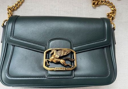 Sac à main Etro cuir vert foncé boucle Pégase doré 25cm