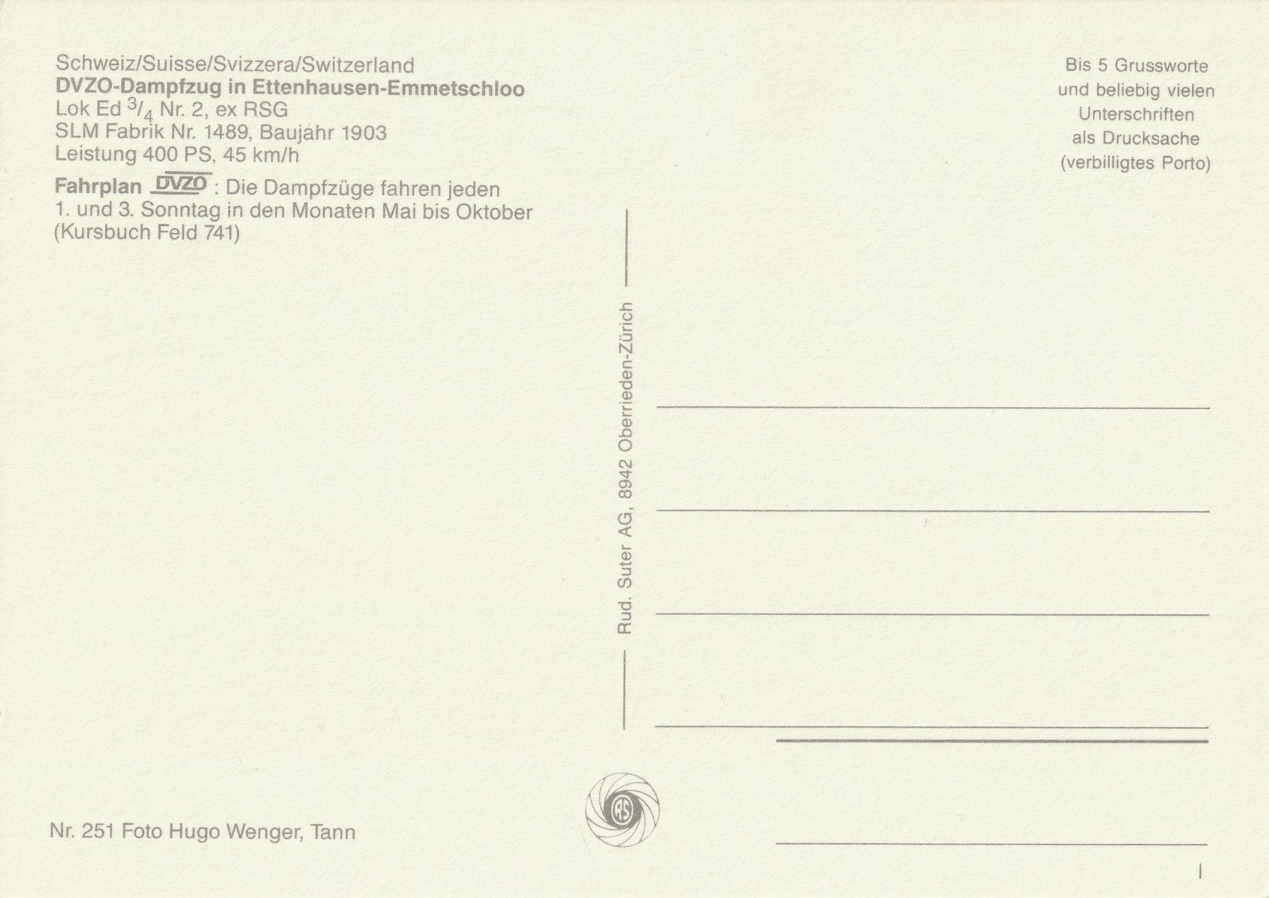 Cartoline postali: DVZO Dampfzug mit Lok Ed 3/4 Nr.2, AK – Usato da zürich venduto da parts5060 1