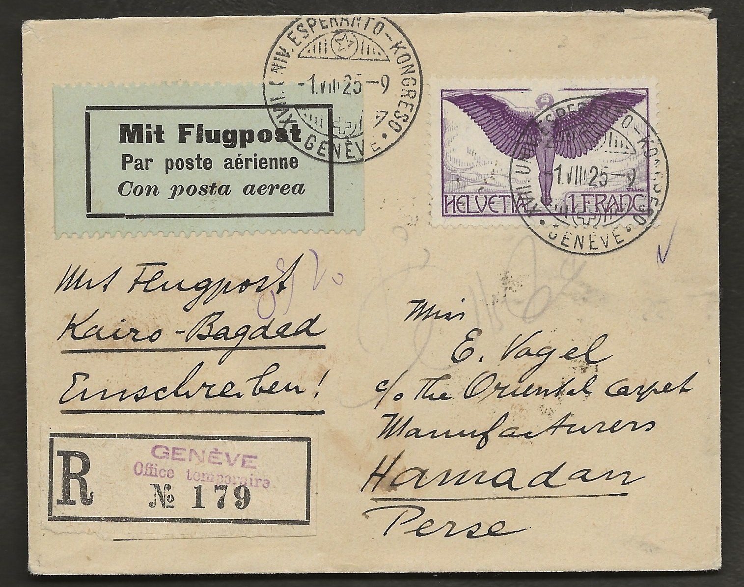 Tous les timbres: Flugpost Schweiz 1925 Genf Kairo Bagdad Luftpost – D'occasion à Au ZH par xelagreb01
