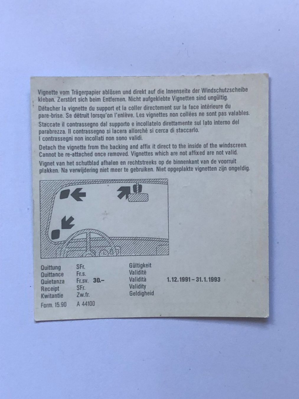 Vignette autostradali: Autobahnvignette 1992 – Usato da Ganterschwil venduto da ganterb 1