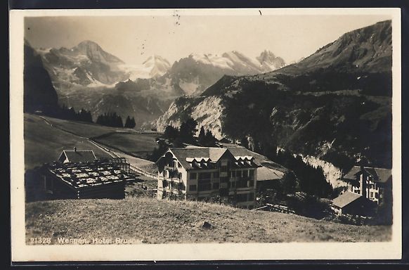 Cartoline postali: AK Wengen, Hotel Brunner mit Bergen – Usato da Berlin venduto da bartko-reher