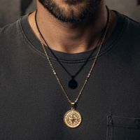 Collier boussole doré en acier, pendentif Viking