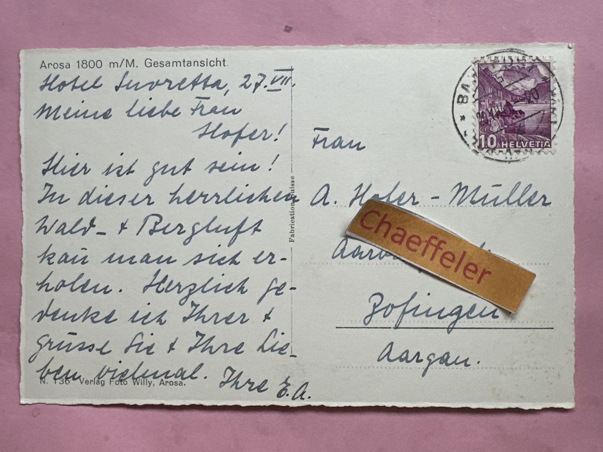 Ansichtskarten: 1941 Arosa, Gesamtansicht  – Gebraucht aus Zürich von Chaeffeler 1