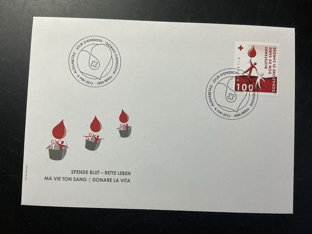 Tutti i francobolli: Umschlag mit Briefmarke Blutspende 9. Mai 2012 Bern – Usato da Hedingen venduto da Juniswiss
