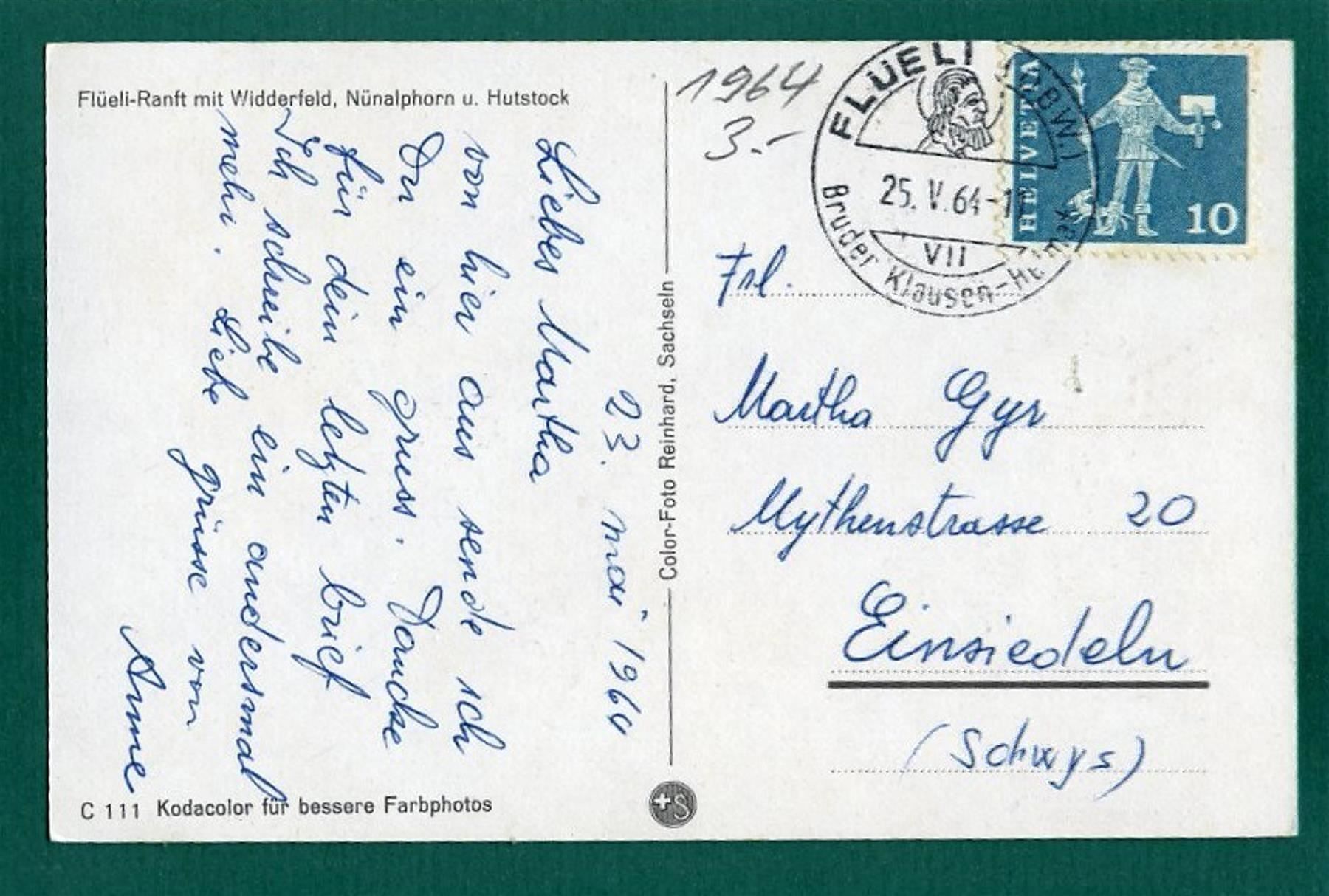 Cartoline postali: Flüeli-Ranft mit Widderfeld, 1964, gelaufen – Usato da Sargans venduto da Hausi1951 1