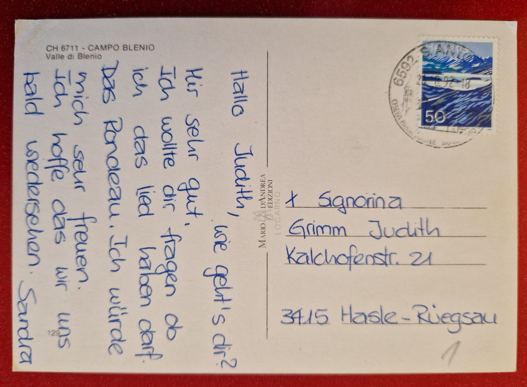 Cartoline postali: Campo Blenio 1992 – Usato da Melchnau venduto da Fishel 1