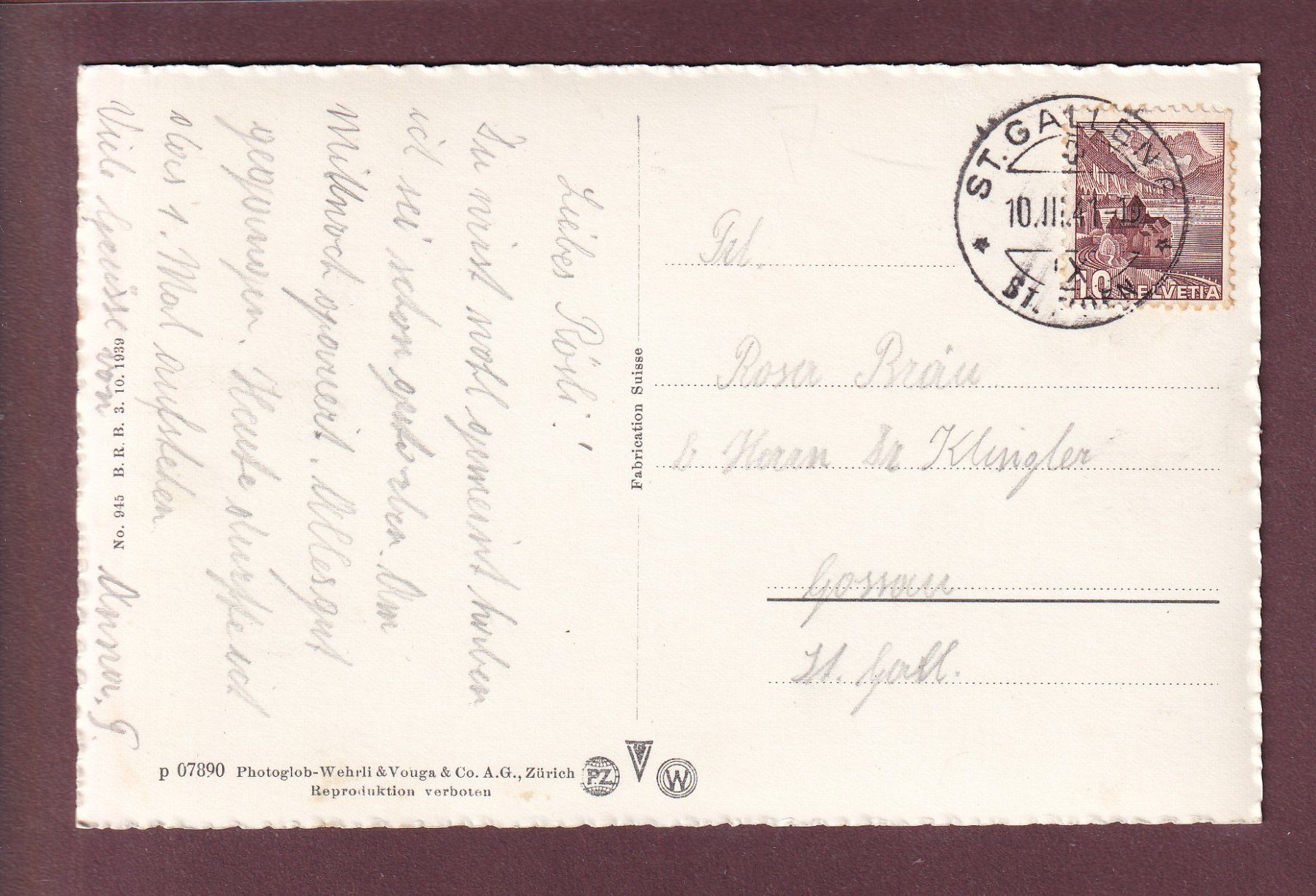 Cartoline postali: ST. GALLEN - Kantonsspital - Haus 2 - 1941 – Usato da Pully venduto da nicecards 1