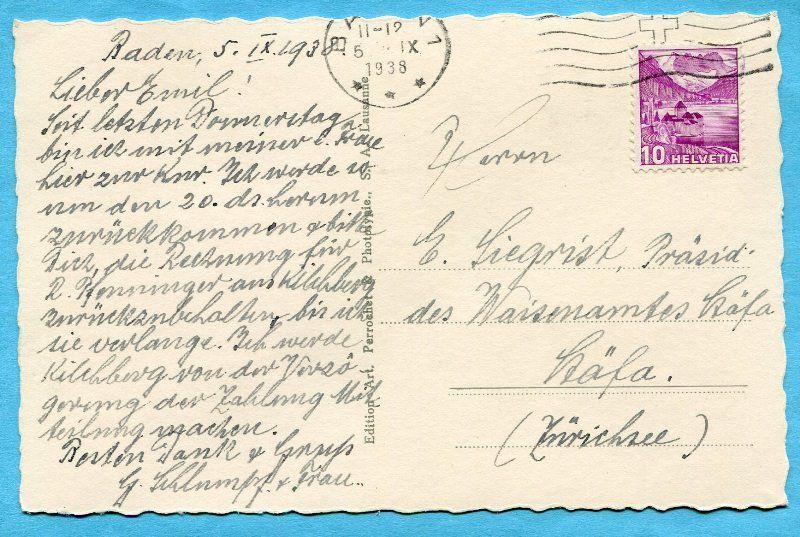 Ansichtskarten: Baden 1938 – Gebraucht aus Opfikon von Prophila 1