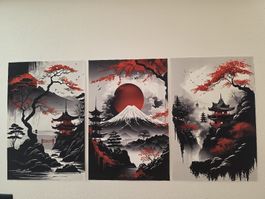 3-teiliges Wandbild Japanische Landschaft mit Berg Fuji