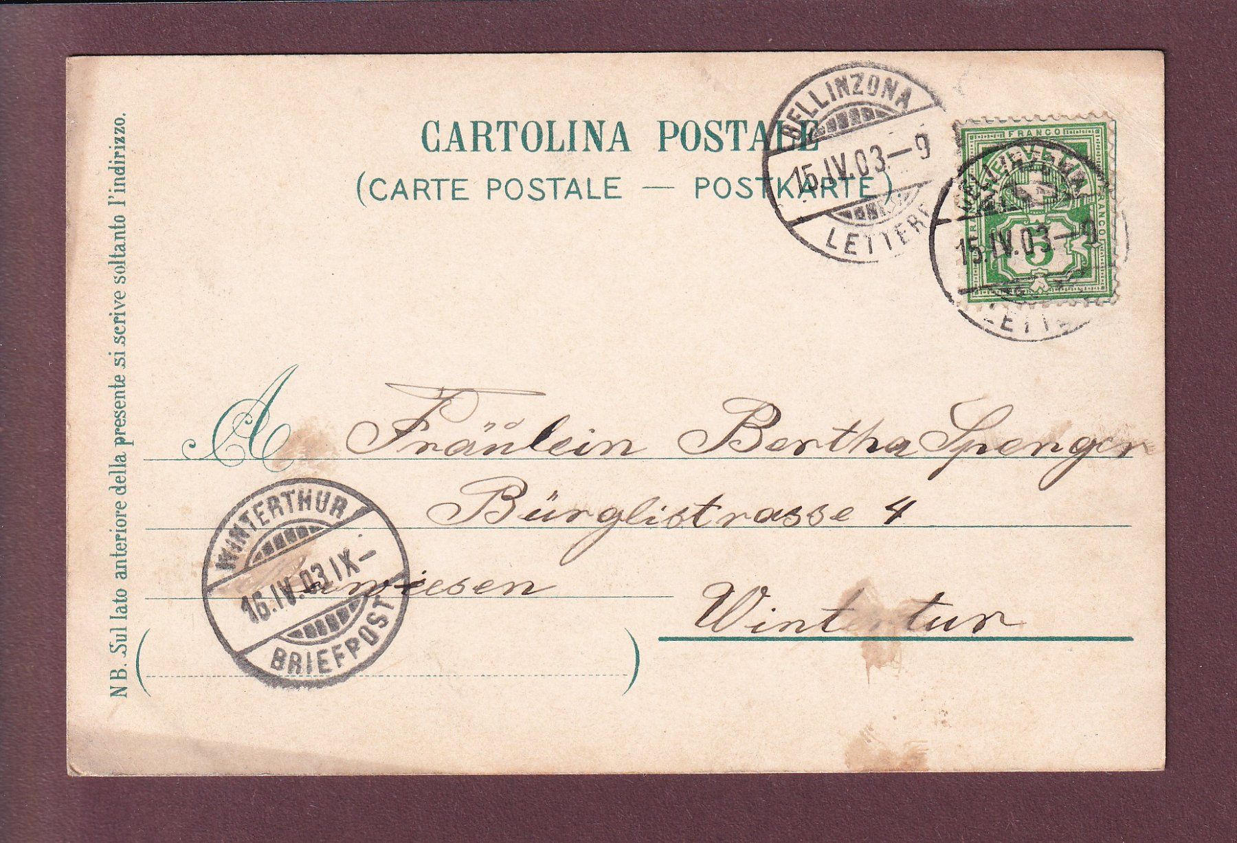Cartoline postali: BELLINZONA - Stazione - 1903 – Usato da Pully venduto da nicecards 1