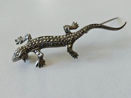 Vintage Silberbrosche 800 Gecko mit Markasiten, Echse