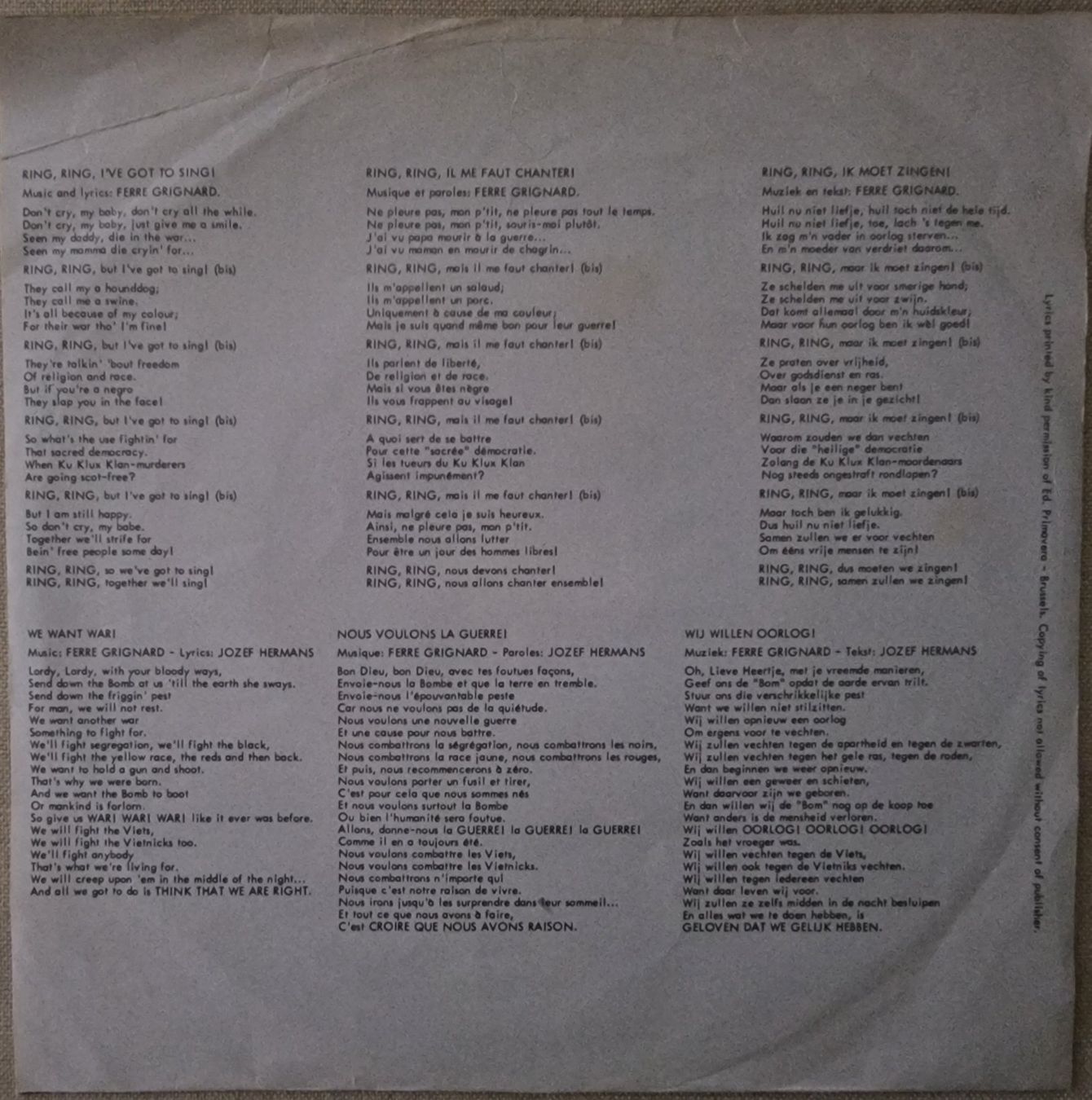 Dischi in vinile: Ferre Grignard Single – Ring, Ring I've Got To Sing – Usato da Root venduto da atelier22 1