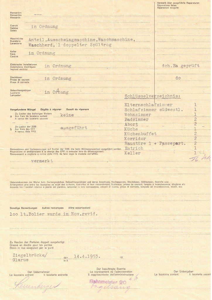Dokumente: Mietvertrag vom Bhf. Glarus 1953 – Gebraucht aus Richterswil von solalex 2