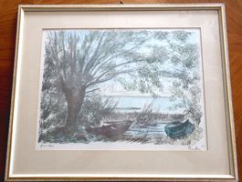 orig. col. Lithographie von Theo Glinz, Seeufer am Bodensee