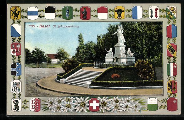 Cartoline postali: Basel, St. Jakobdenkmal, Wappen der Kant – Usato da Berlin venduto da bartko-reher