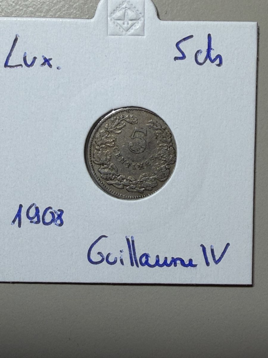 Alle Münzen: Luxembourg - 5 centimes - 1908 - Guillaume 4  – Gebraucht aus Payerne von Mike1682