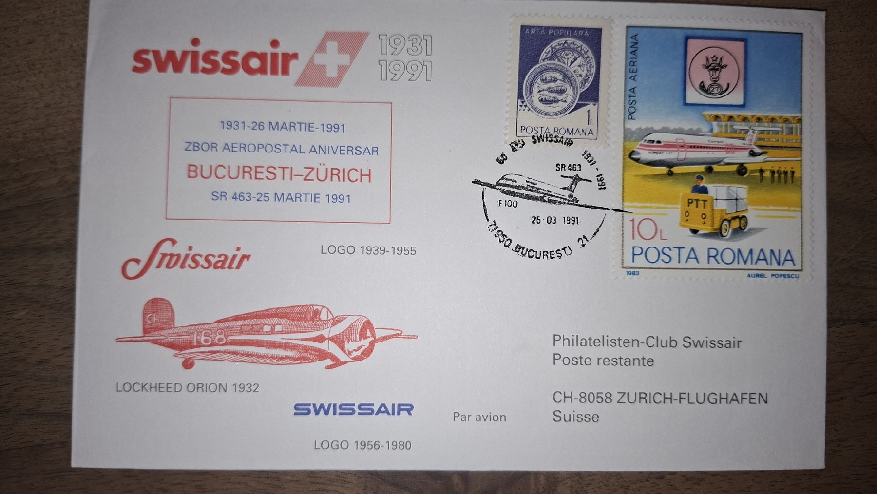 Tutti i francobolli: Swissair Bucarest - Zürich 25.03.1991 – Usato da Balgach venduto da SIMEON27