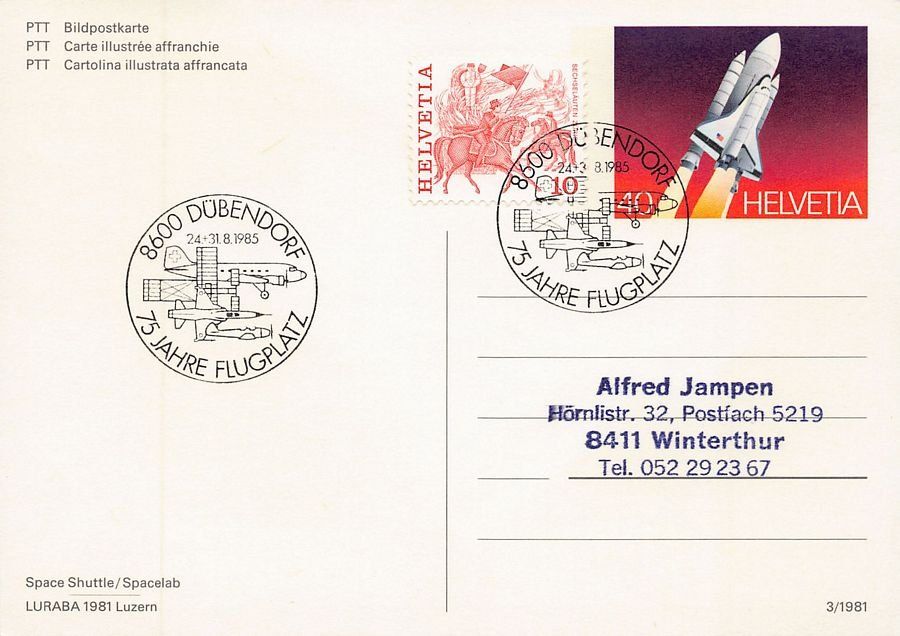 Ansichtskarten: Space Shuttle Stempel 75 Jahre Flugplatz Dübendorf 1985 – Gebraucht aus Frauenfeld von POML 1