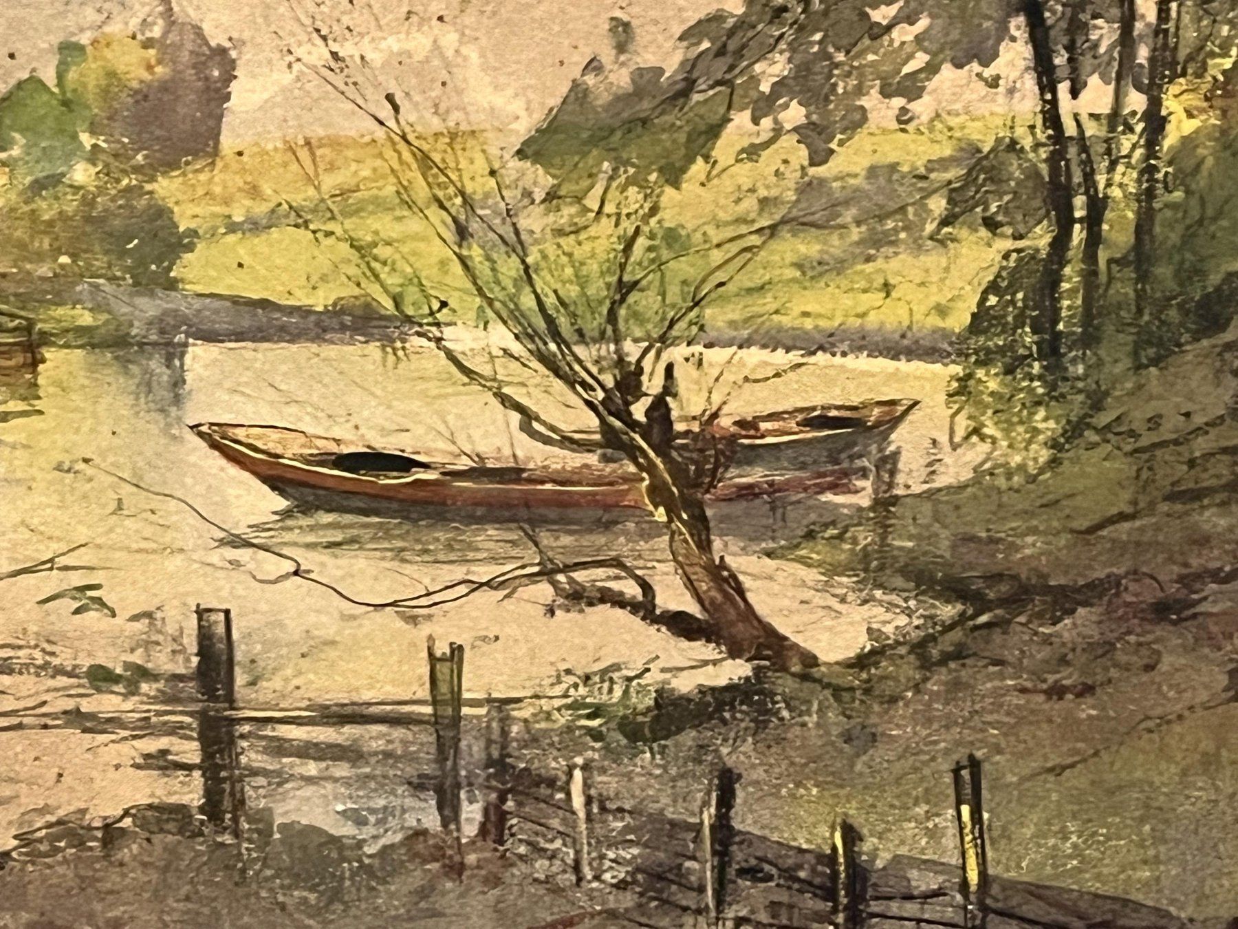 Dipinti: gerahmtes Gemälde, das eine Flusslandschaft mit Booten un – Usato da Basel venduto da Kaffee_und_Kunst