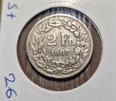 Schweizer Silbermünze 1907, 2 Fr., sehr schön, 119 Jahre alt