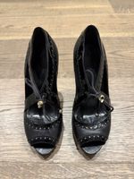 Alexander McQueen Black Leather And Patent Peep Toe Sandals