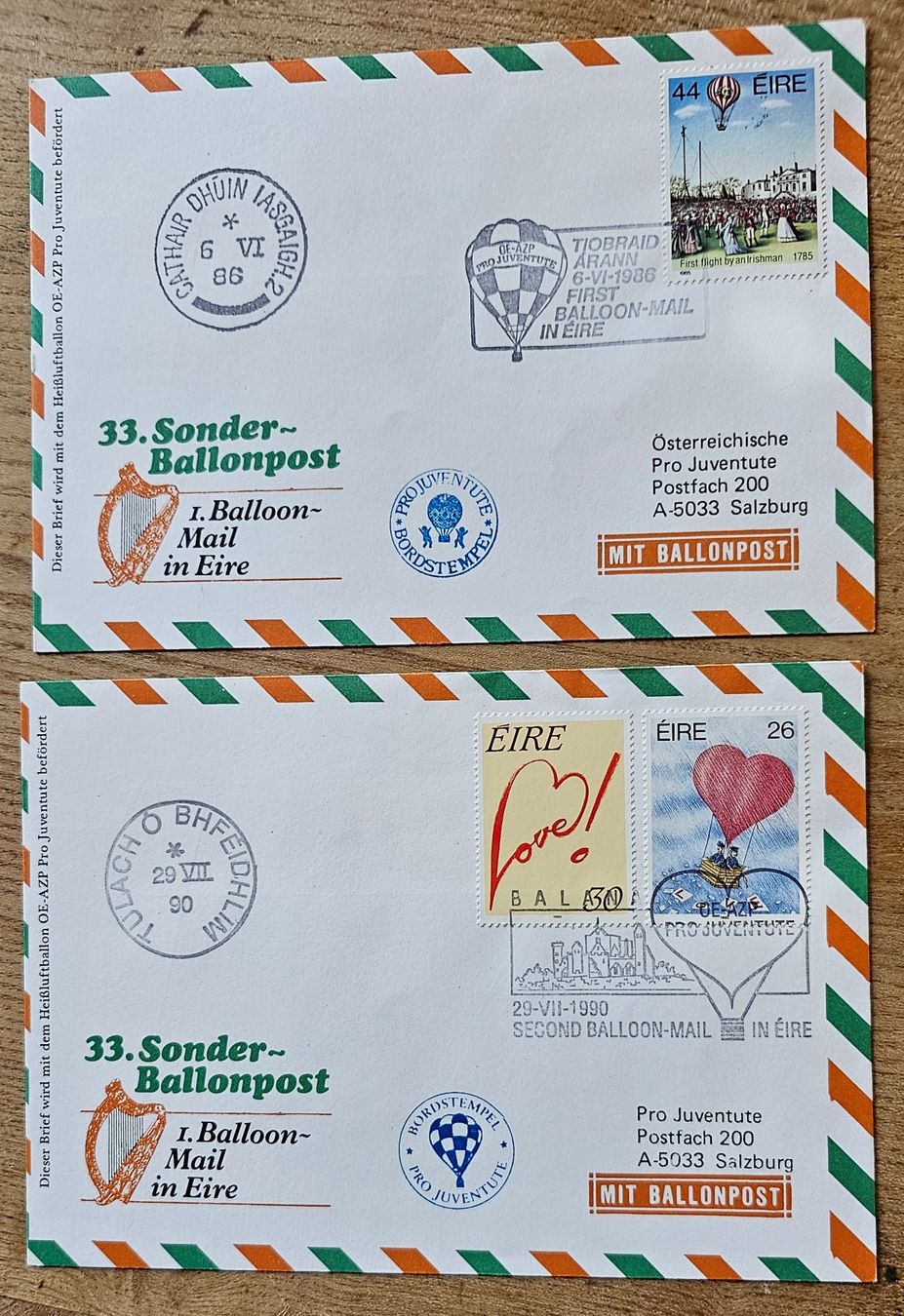 Tutti i francobolli: EIRE 1.  Balloon-Mail 1990 (2 covers) – Nuovo (secondo la descrizione) da Les Valettes venduto da Nuba1