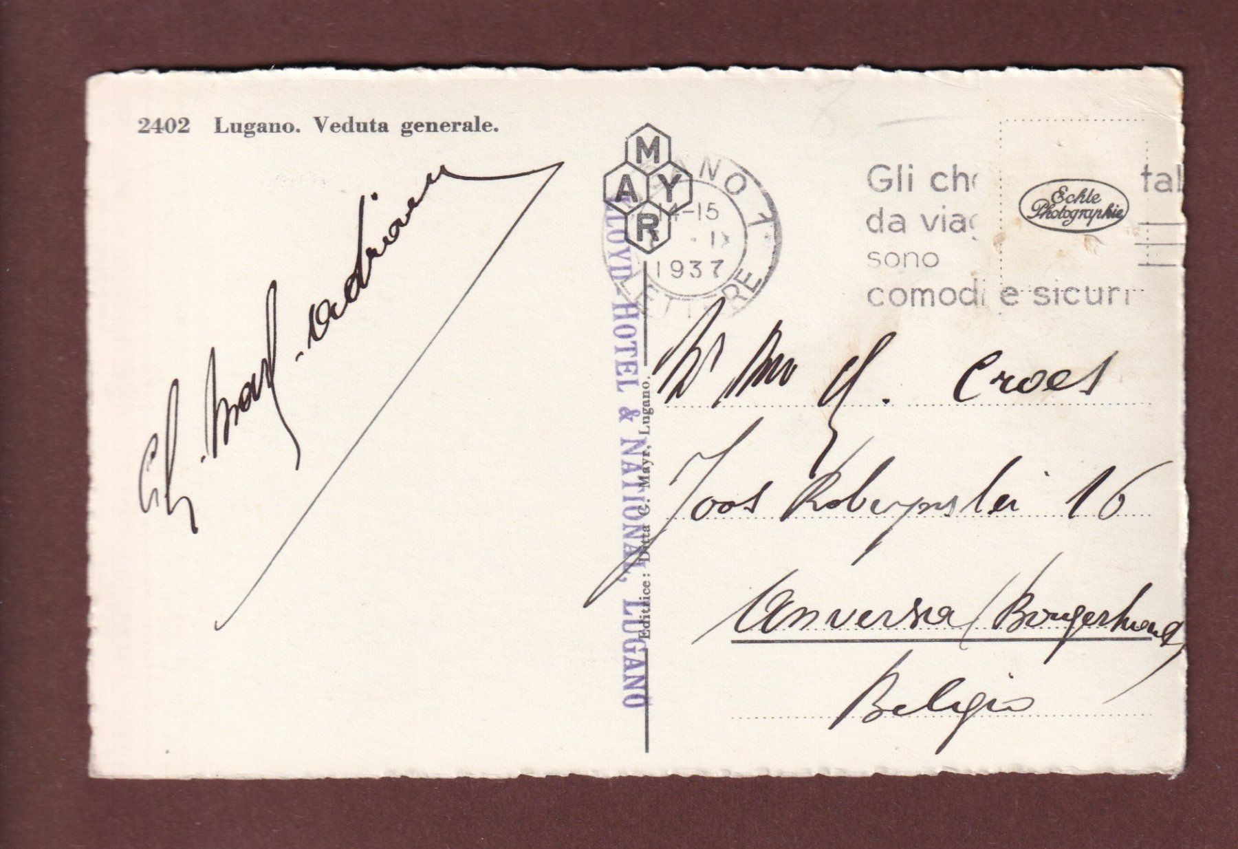 Cartoline postali: LUGANO - Panorama - 1937 – Usato da Pully venduto da nicecards 1