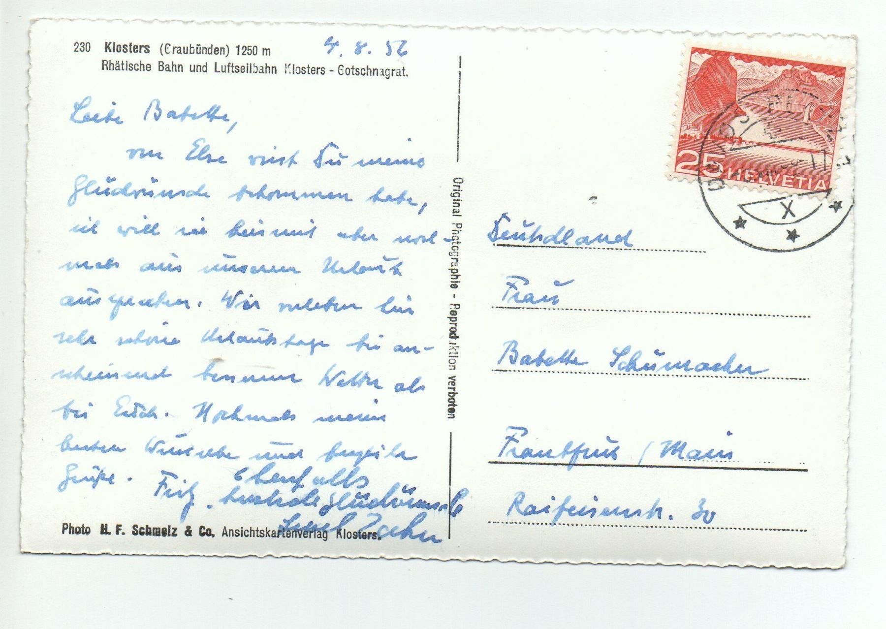 Cartoline postali: KLOSTERS Rhätische Bahn und Luftseilbahn – Usato da Jona venduto da philajona 1